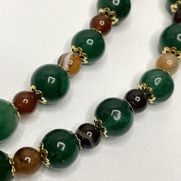Emerald Green Gemstone Brown Agate Gemstone Beaded Necklace Gold Tone Boho - Picture 4 of 8